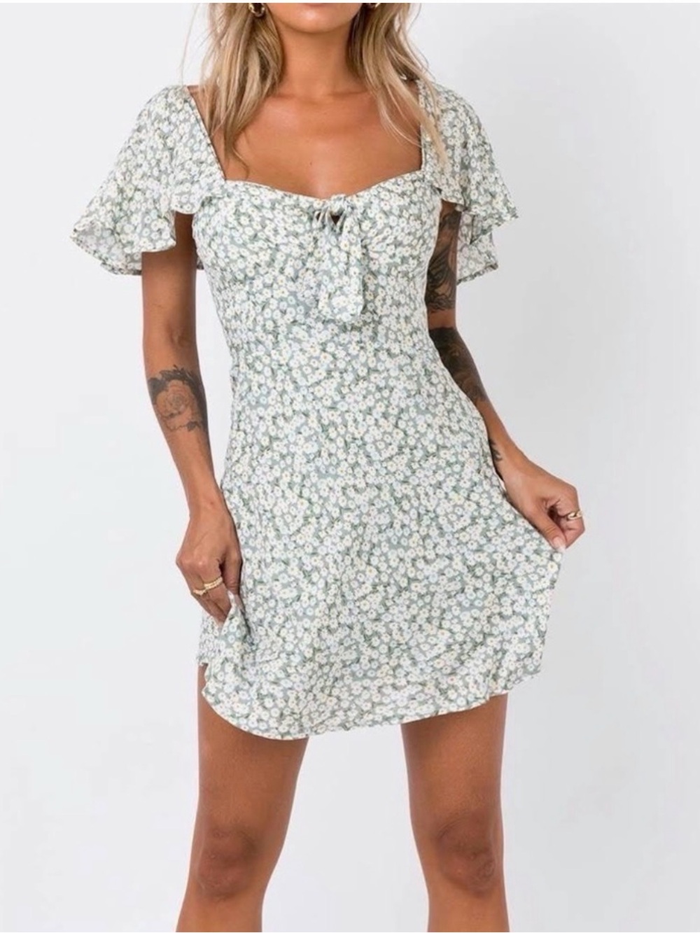 Ditsy Floral Tie-Front Mini Dress in Sage Green